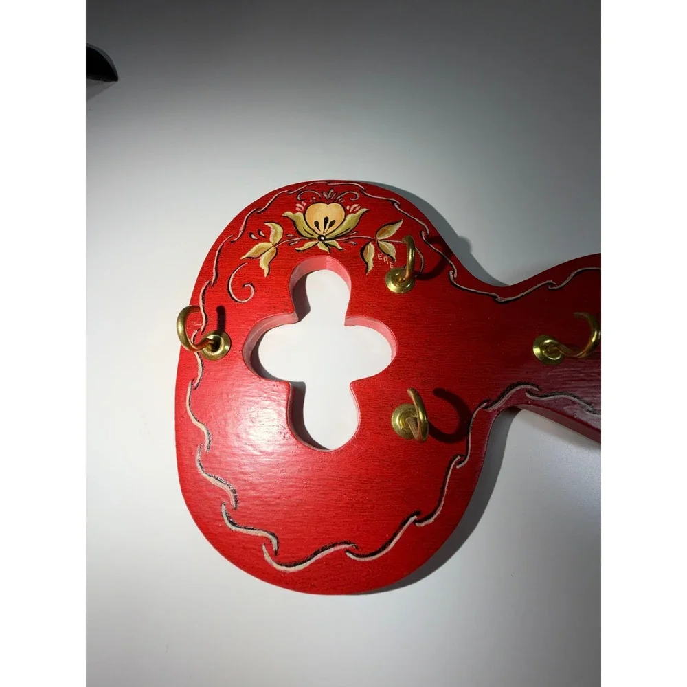 Scandinavian Wooden Key Holder Rosemaling Red Folk Art Hand Painted Wall Decor